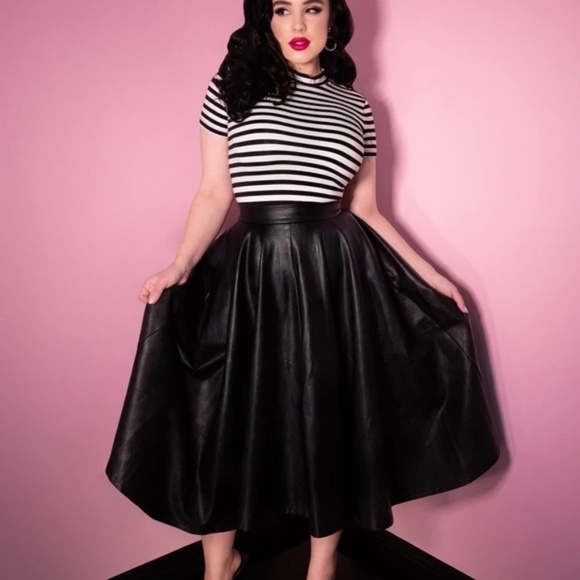 Black Faux Leather Circle Skirt Midi, Vixen by Micheline Pitt - Picture 8 of 8